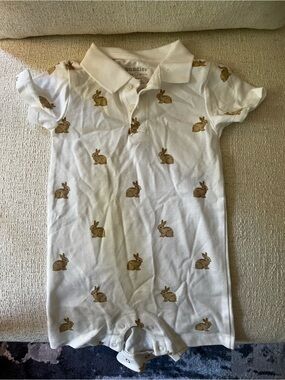 White Polo Romper with Brown Bunny Motif - bundles